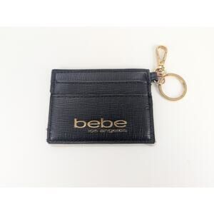 Bebe Los Angeles Black Card Holder Wallet w/ Gold Key Ring | 4"x3" Faux Leather